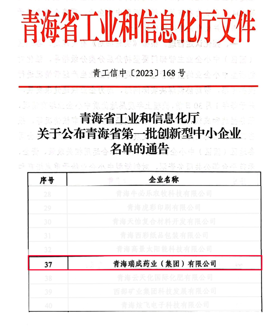 喜报！热烈祝贺瑞成药业荣获&ldquo;青海省创新型中小企业&rdquo;认定！